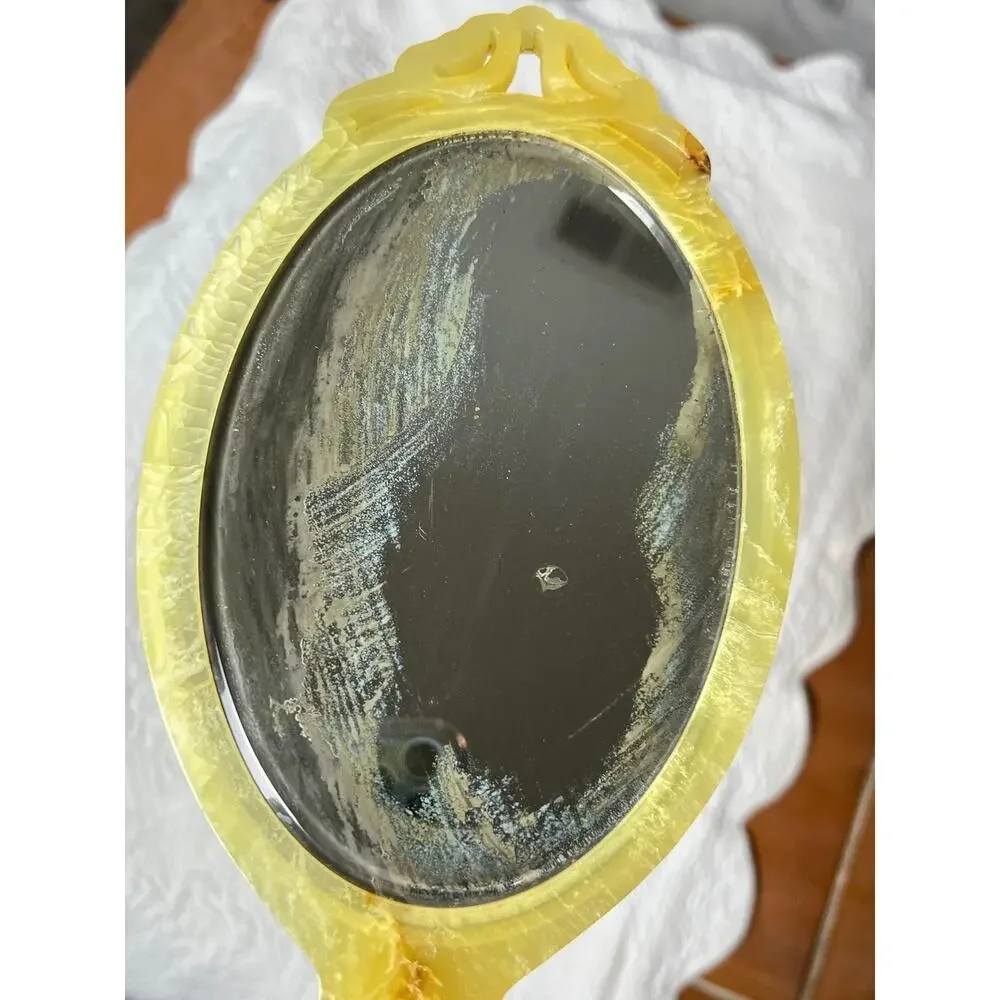 Vintage Art Deco Hand Mirror Gilt Fan Motif Celluloid 1920–30 Original Glass